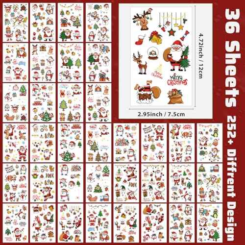 36 Sheets Christmas Temporary Tattoos for Kids Girls Boys, 252+ PCS Xmas Tree Santa Claus Tattoos Stickers Women, Christmas Stocking Stuffers Gifts Fake Tattoos for Adult Party Supplies Favors Decors