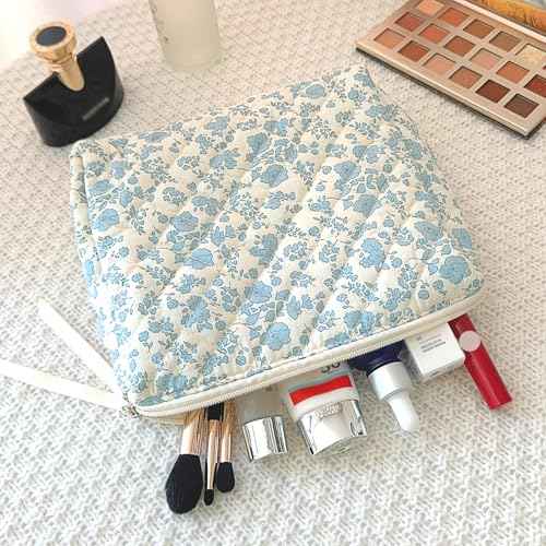Large Travel Makeup Bag - Quilted Cotton Cosmetic Organizer with Zipper, Cute Coquette Floral Aesthetic Toiletry Pouch Gift for Women (Blue Floral)