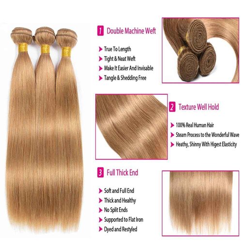 Condescension Brazilian Human Hair Bundles 24 26 28 Inch Straight 3 Bundles Human Hair 100% Unprocessed Remy Brazilian Virgin Weave Hair Honey Blonde 27 for Women
