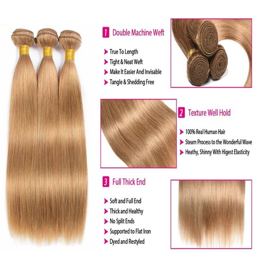 Condescension Brazilian Human Hair Bundles 20 22 24 Inch Straight 3 Bundles Human Hair 100% Unprocessed Remy Brazilian Virgin Weave Hair Honey Blonde 27 for Women