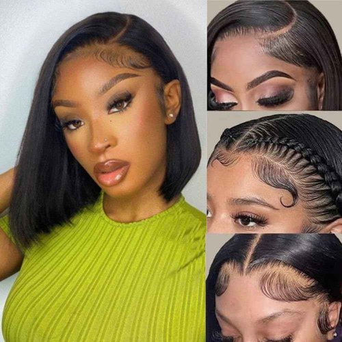Bob Wig Human Hair 13x6 Frontal Lace Wig Short Straight HD Transparent Lace Front Bob Wigs for Black Women Human Hair Glueless Pre Plucked Hairline with Baby Hair 200% Density Natural Color 16 Inch