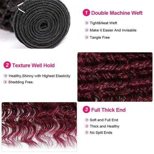 GLSMOSNW Ombre Burgundy Human Hair Bundles Black And Wine Red 1B/99j Deep Wave Bundles 18 20 22 Inch Unprocessed Brazilian Virgin Hair Extensions Burgundy Ombre Deep Wave Bundle