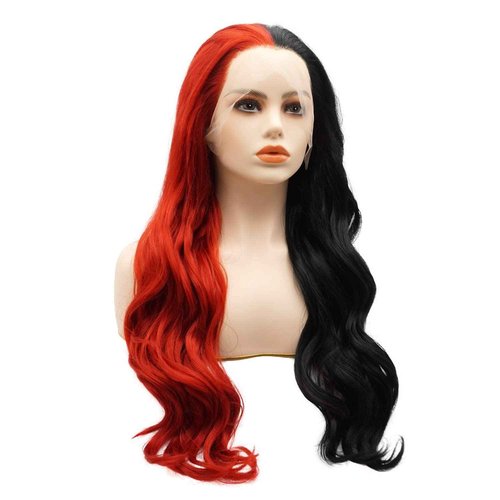 LUSHY BEAUTY Hair Synthetic Lace Front Wig Wavy Long 24inch Half Black Half Red Mix Heavy Density Heat Resistant Realistic Wig