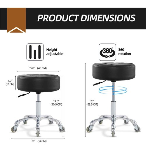 Ainilaily Rolling Stool with Wheels Adjustable Height, Roller Stool for Massage Medical Tattoo Spa Heavy Duty Swivel Desk (Super Thick Cushion, Black)