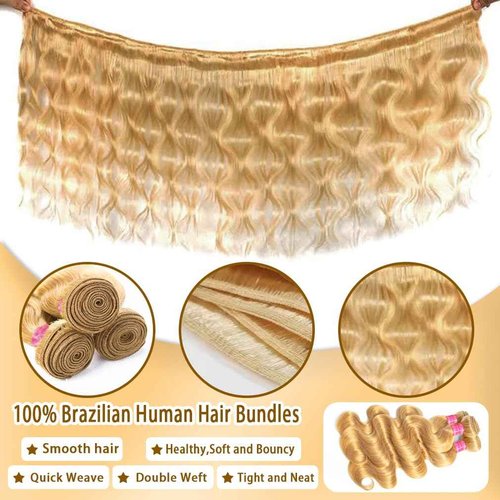 WigTune Honey Blonde Body Wave Bundles Human Hair 12A Raw Hair NO.1 Color 27 Bundles Human Hair 16 18 20 Inch 100% Unprocessed Brazilian Virgin Hair for Black Women