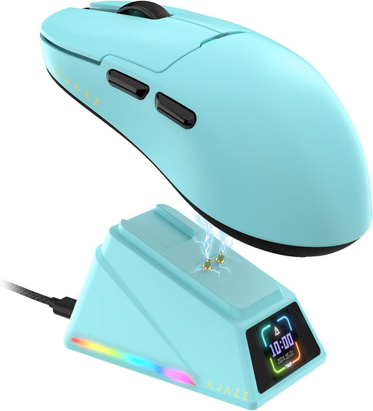 A.JAZZ AJ159APEX 8Khz Wireless Gaming Mouse Ultralight 56g with Magnetic Screen Charging Dock 42000DPI PAW3950 Sensor Tri Mode BT/2.4Ghz/Type-c Wired Programmable for Esport FPS PC Mac Gamer(Blue)