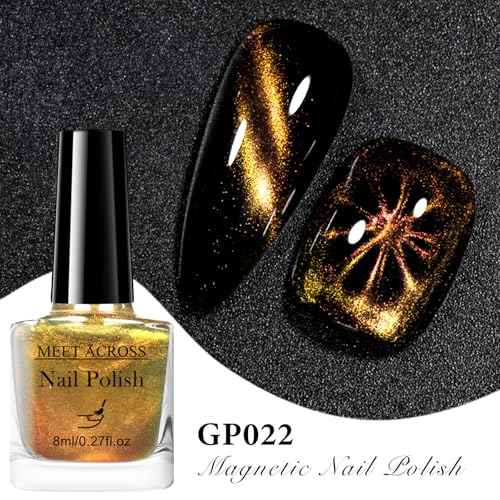 MEET ACROSS Magnetic Cat Eye Nail Polish Glitter Yellow Chameleon Nail Polish with 1 Magnet, Quick Dry