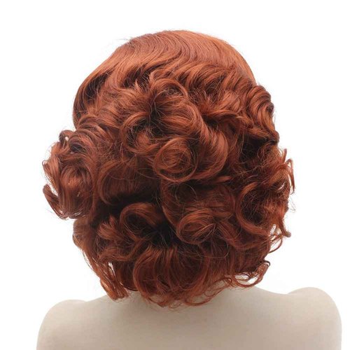 MX angel Swiss Lace Front Short Curly Burgundy Red Cosplay Party Wig Synthetic