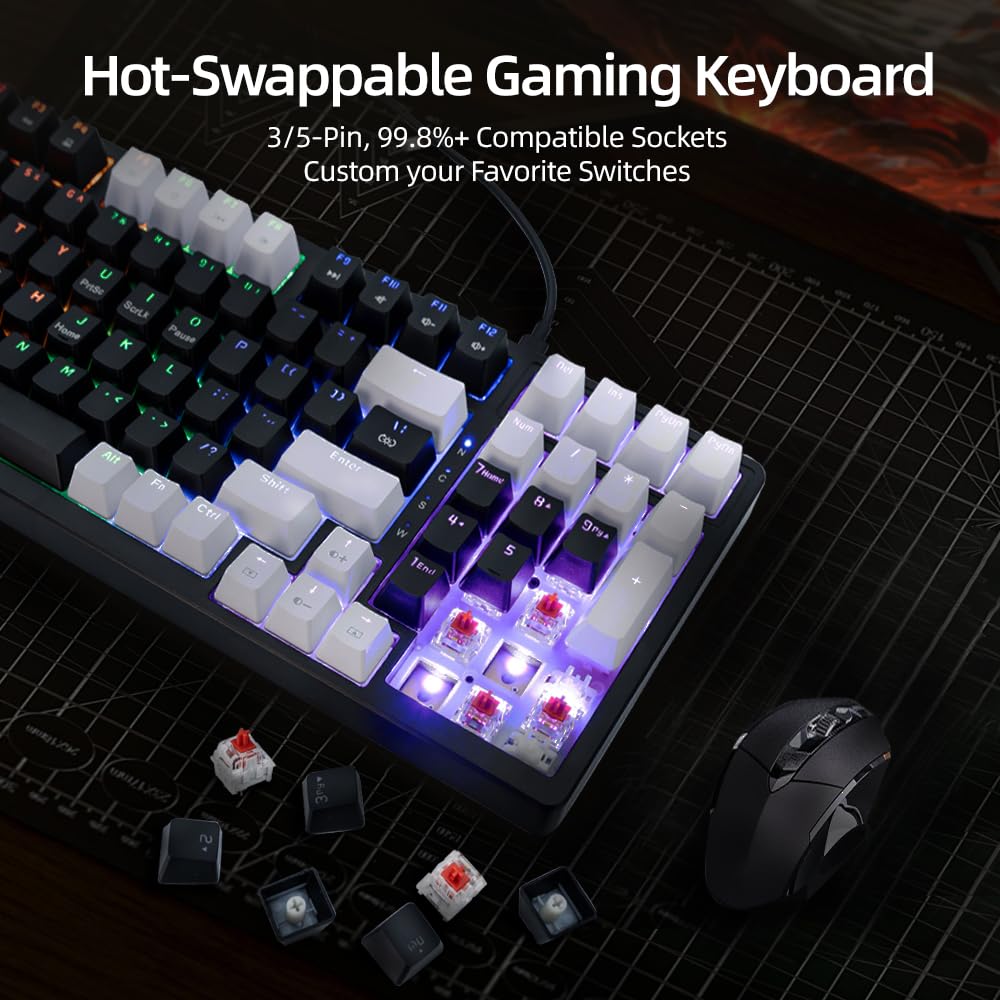 ANGELOYANG Mechanical Gaming Keyboard, Full Key Compact Wired RGB Backlit Light Up, Red Switches Hot Swappable USB C Creamy Sounding Silent White Mechanical Keyboard for PC MAC