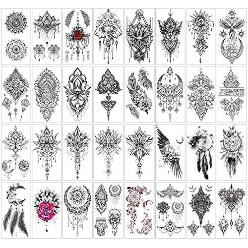 32Sheets Women Temporary Tattoo Sticker,Henna Feather Mandala Datura Flowers Temp Tattoos For Women