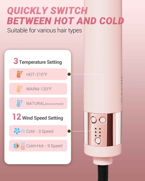 IBAYS Hair Dryer Brush 6 in 1 Professional Hot Air Styler, 110,000 RPM High-Speed Negative Ionic Hair Dryer, Auto Wrap Curler Frizz-Free Airwrap for Curling Volumizing Straightening Styling Pink