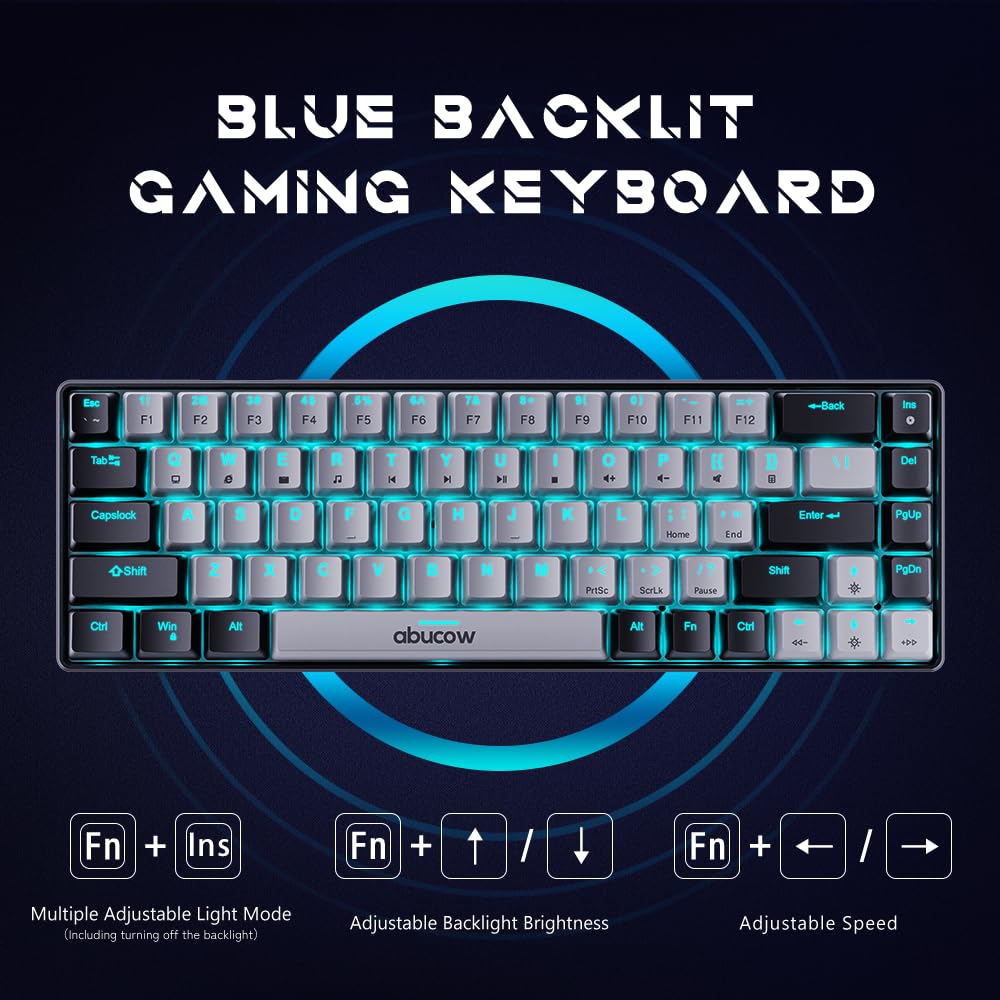 abucow 60% Mechanical Keyboard with Blue Backlight 68-Key Gaming Keyboard Gray-Black Keycaps - Red Switches for a Premium Typing and Gaming Experience PC Mac