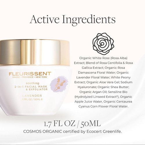 Fleurissent Serenity Elixir Lavender 2-in-1 Facial Mask & Exfoliator – Calming Fusion Florale-6, Organic Roses & Gentle Rice Exfoliation, 98% Natural, 1.7 FL OZ for Healthy-Looking Skin