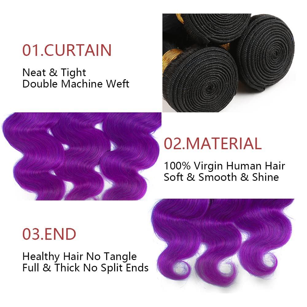 Habiliana Bundles Human Hair 18 20 22 Inch Body Wave T1B Purple Human Hair Bundles 11A Unprocessed Brazilian Virgin Quick Weave Hair Extensions for Black Women