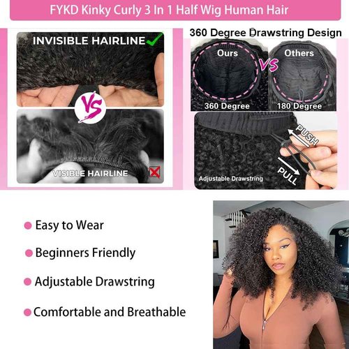 FYKD 250% Density Half Wig Human Hair Glueless 3 in 1 With Drawstring Seamless Clip in Flip Over Kinky Curly 100% Real Human Hair No Synthetic Blend No Tangle No Shedding 18 Inch Triple Lifespan 3X