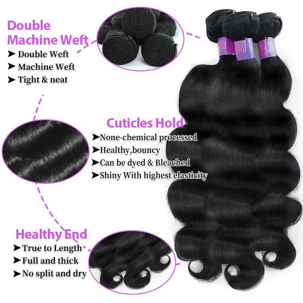 12A Body Wave Bundles Human Hair 10 12 14 Inch Human Hair Bundles 100% Unprocessed Brazilian Virgin Hair 3 Bundles Human Hair Extensions for Women Natural Black