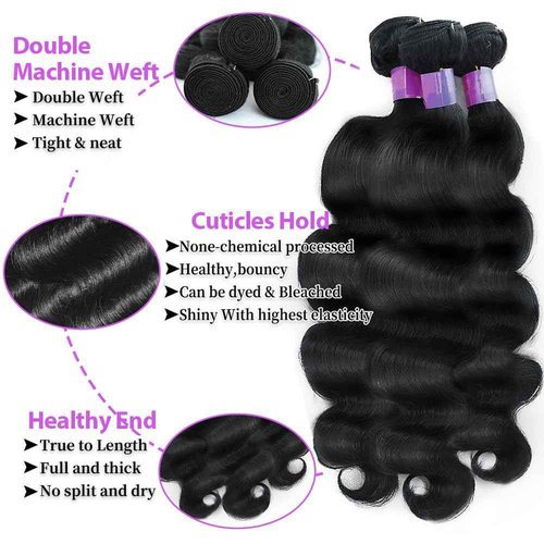 Body Wave Bundles Human Hair 18 20 22 Inch Human Hair Bundles 100% Unprocessed 12A Brazilian Virgin Human Hair Extensions for Women Natural Black