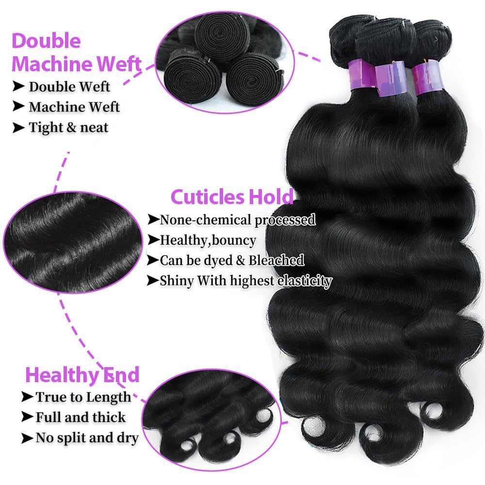 12A Human Hair Bundles 24 26 28 Inch Body Wave 3 Bundles Human Hair 100% Unprocessed Brazilian Virgin Human Hair for Women Natural Black