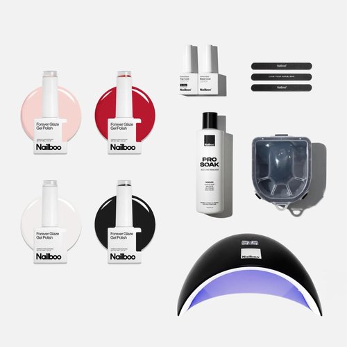 Nailboo Gel Nail Polish Kit with UV Lamp - 4 Forever Glaze Gel Polishes, Acetone Remover, Soak Bowl, Base Coat, 3 Nail Files, No Wipe Top Coat, Glossy, Chip Free Nails at Home