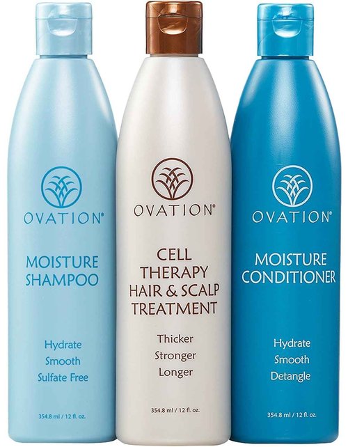 Ovation Hair Moisturizing 3-Step Bundle for Dry Hair with Moisture Shampoo & Conditioner, Cell Therapy Hair Growth & Healthy Scalp Treatment - Nourish, Smooth, Detangle & Hydrate Dry or Brittle Hair