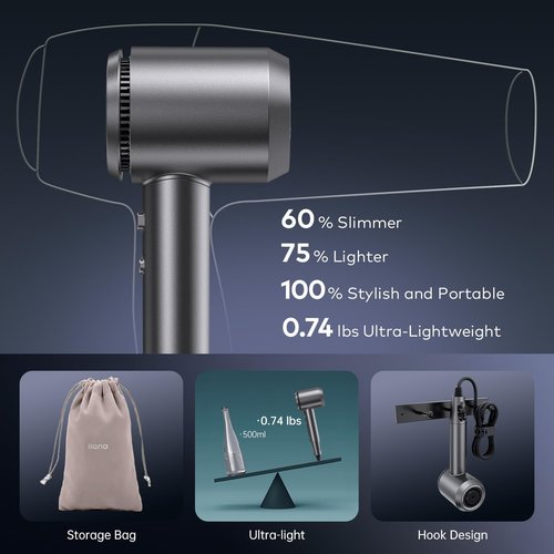 Hair Dryer with Diffuser: Gift for Women Men with 700 Million Hair Care Ions, 37m/s High Speed Blow Dryer with 160000 RPM, 1500W, 5 Heat & 2 Speed Setting, Low Noise Thermo-Control (Metallic Gray)