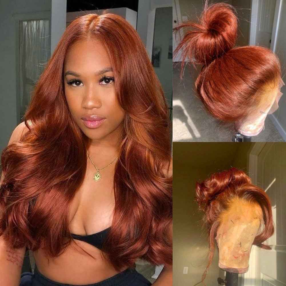 180% Density Reddish Brown 13x6 Lace Front Wigs Human Hair Pre Plucked 13x6 HD Transparent Body Wave Lace Front Wigs For Women Ginger #33 Colored Brazilian Virgin Hair Glueless Wigs Human Hair 22Inch