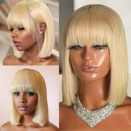613 Blonde Bob Wig with Bangs Human Hair Realistic HD Lace on Top Straight 613 Wigs for Black Women 10 Inch Ready to Go Blunt Cut Glueless Bob Wig 150% Density Middle Parting