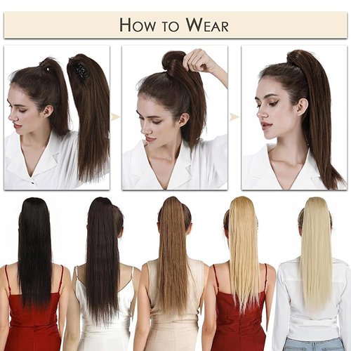 MY-LADY Ponytail Extension Human Hair Claw Clip in Ponytail Hair Extension Long Straight Pony Tail Hair Extensions Real Human Hair for Women Golden Brown & Bleach Blonde 14 Inch 105g