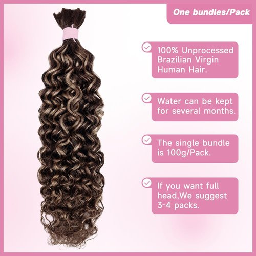 Lucasar Water Bulk Human Hair for Braiding 100g(One Bundle/Pack) Virgin Human Hair Curly Braiding Hair For Bohemian Knotless Boho Braids Highlight No Weft Human Hair Bundles For Braiding(24inch P4/27)
