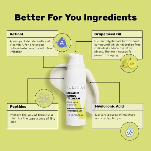 Volition Beauty Grenache Retinol Eye Cream with Peptides + Hyaluronic Acid | Gentle, Effective Formula for Crow's Feet & Firmer Undereye Area | Moisturizing Eyecare to Smooth Fine Lines & Wrinkles