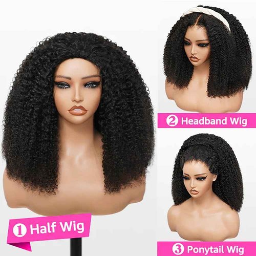 BGM GIRL Half Wig Human Hair Kinky Curly 3 in 1 Wigs Beginner Friendly Flip Over Drawstring Glueless Wig Kinky Curly Ready to Go Seamless Clip in Wigs Natural Black Color 18 Inch