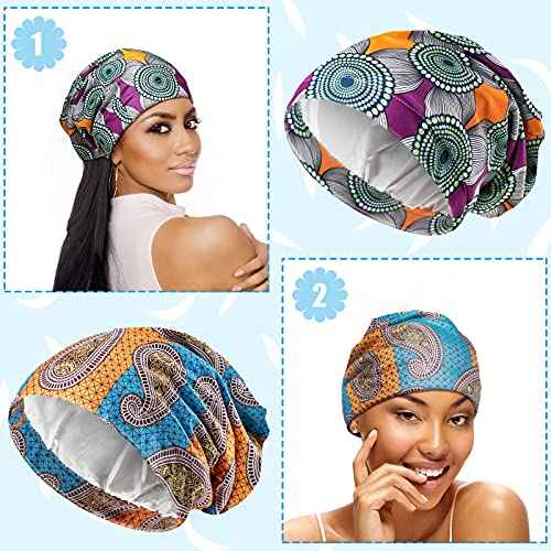 Sintege 6 Pcs Satin Lined Bonnet Sleep Chemo Hat Stretch Cancer Cap for Women Men Cancer Patient African Silk Soft Beanie(Elegant Patterns)