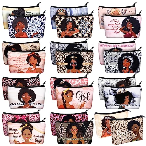 Talltalk 24 Pcs Makeup Bag Toiletry Canvas Zipper Makeup Bags Housekeeping Appreciation Gifts Cosmetic Pouch Reusable Multipurpose Organizer(Black,African Women)