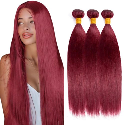 26 28 30 inch Red Human Hair Bundles Burgundy Straight 3 Bundles Human Hair 99J Burgundy Color