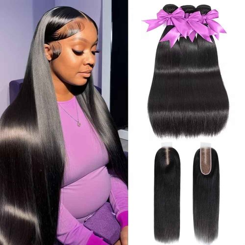 QIYING 2x6 HD Lace Closure with Bundles 18 20 22+16 Inch Straight Human Hair 100% Unprocessed Brazilian Virgin Weave Human Hair 3 Bundles Deals with Closure