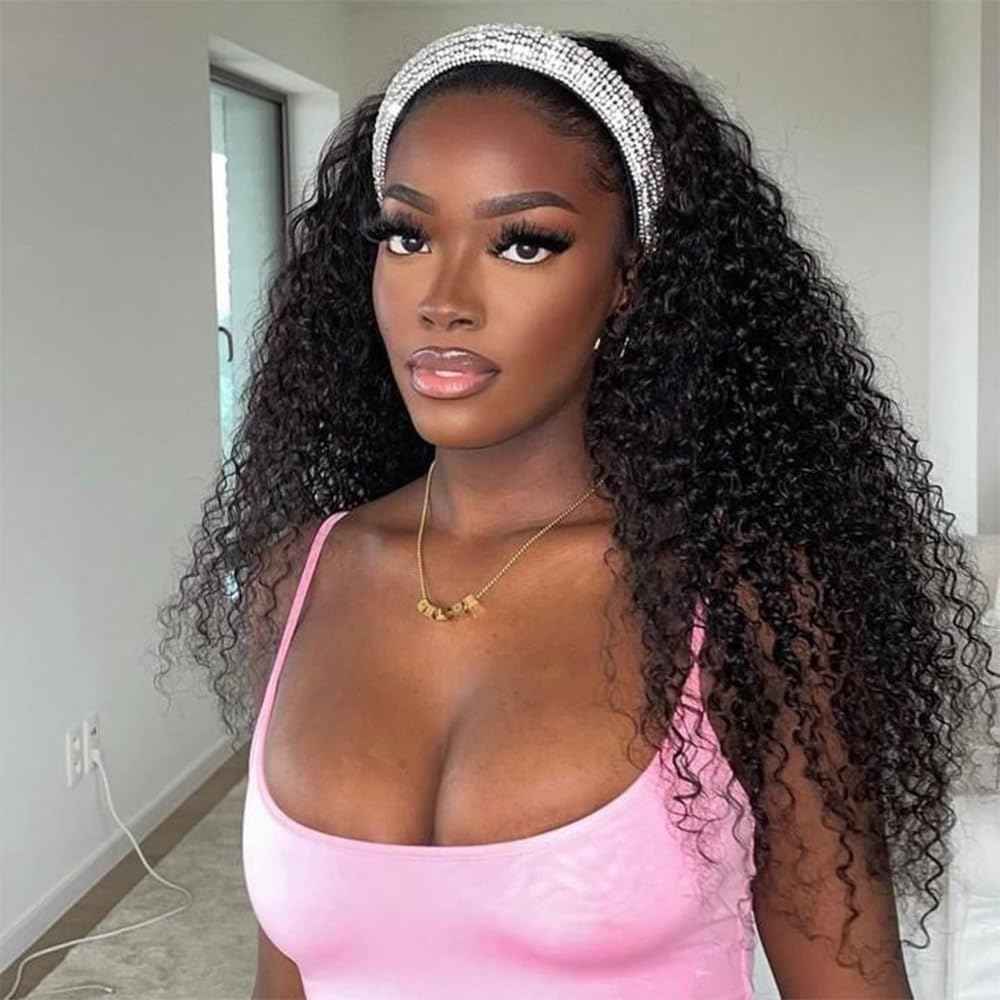 Kinky Curly Human Hair Headband Wig Non Lace Front Wigs for Black Women 150% Density Brazilian Virgin Human Hair Machine Made Wig Natural Color (Headband Wig, 26inch)