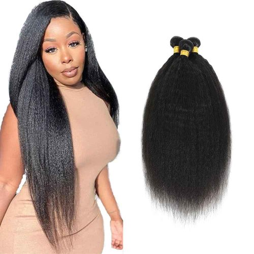 Yaki Straight Bundles Human Hair 26 28 30 Inch Kinky Straight Bundles #1B Natural Black Unprocessed Brazilian Virgin Weave Hair 3 Bundle 50 Gram Per Bundle