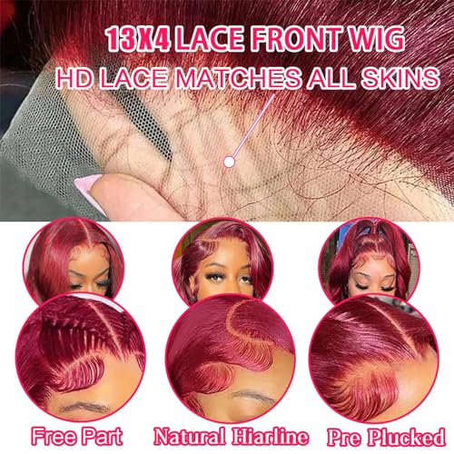 99j Burgundy Lace Front Wigs Human Hair 26 Inch 13x4 Body Wave Lace Front Burgundy Wigs Human Hair Pre Plucked With Baby Hair Glueless Wine Red Body Wave Wig HD Transparent Frontal Wig for Women