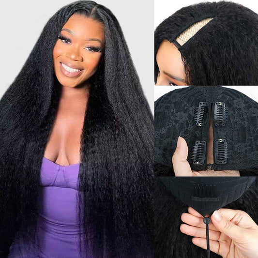 Goulus Kinky Straight V Part Wig Human Hair 18 Inch V Part Wig For Women with Drawstring 180% Density Upgrade Glueless U Part Wig No Leave Out No Sew In Kinky Straight Human Hair Wigs Natural Black