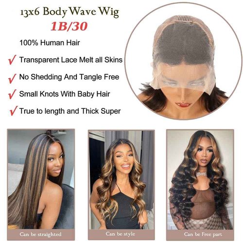HANGFIRST 30 Inch 13x6 Highlight Body wave Lace Front Wigs Human Hair 180% Density Ombre1B/30 Brazilian Virgin Human Hair Wigs for Women Pre Plucked with Baby Hair