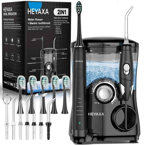 Water Flosser & Ultrasonic Electric Toothbrush Combo, 600ML Water Dental Flosser with 7 Jet Tips, 10 Adjustable Water Pressure, 5 Toothbrush Heads for Home Use, Gums, Braces (Black)
