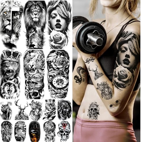 82 Sheets Temporary Tattoo for Men Women Adults, Include 12 Sheets Black 3D Half Sleeve Temporary Tattoos, Halloween Tattoos Scary Lion Wolf Tiger Skull Skeleton Tattoos Stickers