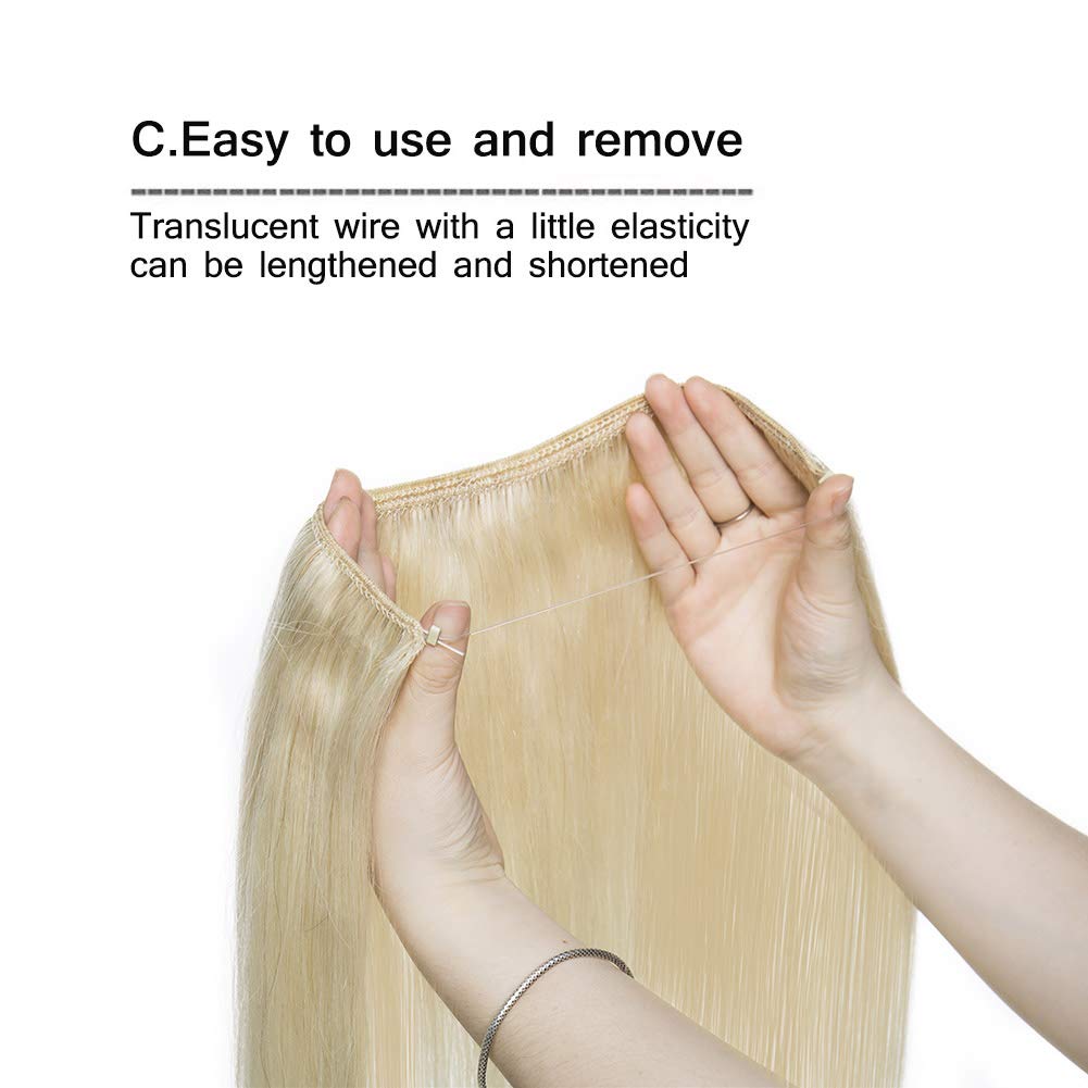 MY-LADY Thicker One Piece Wire Hair Extensions Real Human Hair 18 Inch Invisible Wire Headband Secret Miracle Wire Hidden Fish Line Hair Extensions Platinum Blonde 100g