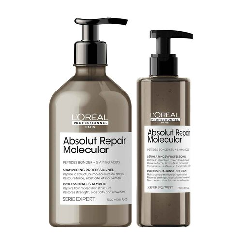 L'Oréal Professionnel Paris Absolut Repair Molecular Shampoo & Rinse-Off Serum Set - Strengthening For Dry Damaged Hair, With Peptide Bonder & Amino Acids, Sulfate-Free