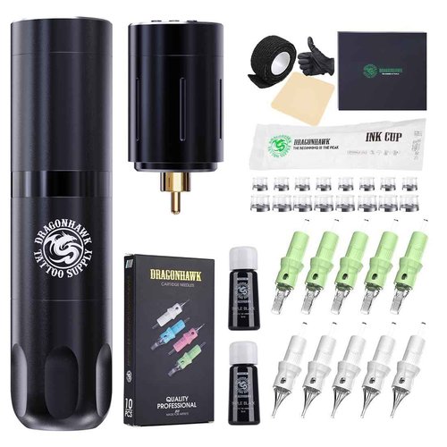 Dragonhawk Cordless Tattoo Gun Kit Complete Tattoo Kit, Pro Tattoo Pen Machine with 2 Tattoo Batteries Power, 20 Tattoo Needles Cartridges Set for Beginners