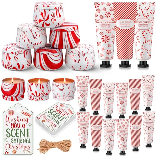 12 Set/ 24 Pcs Christmas Candy Cane Scented Gift Bulk for Women 3.5oz Peppermint Scented Candles Hand Cream Lotion Set Xmas Stocking Stuffer Travel Size for Teacher Employee Team Party Favor