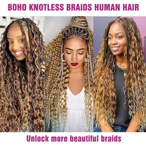 Human Braiding Hair 3 Bundles/Pack 150g Highlight 4/27 Curly Water Wave Bulk Hair for Braiding No Weft 12A Brazilian Virgin Human braiding Hair for Boho Braids (Highlight 4/27 Color, 20 inch)