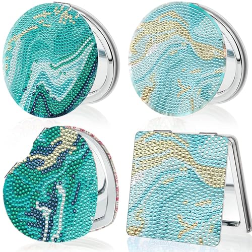 4 Pcs Diamond Painting Compact Mirror, Ocean Diamond Art Mirror Kits DIY Pocket Mirror, Unbreakable Portable Magnifying Folding Purse Mirror Makeup Mirror for Beginner Women