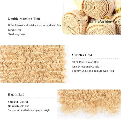 Habiliana Human Hair Bundles 22 24 26 Inch Blonde 613 Deep Wave Bundles Human Hair 100% Unprocessed Soft Sewn In with Double Drown Weft for Black Women