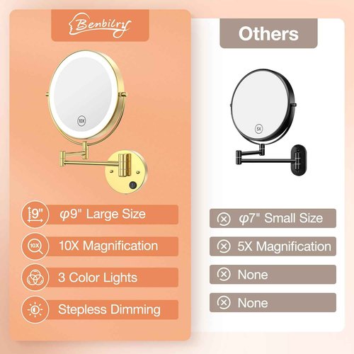Benbilry 9" Large Wall Mounted Lighted Makeup Mirror, 1X/10X Magnifying 2-Sided AC Plug-in Powered Bathroom Mirror with 3 Color Lights, Touch Dimmable, Extended Arm 360° Rotation, Gold
